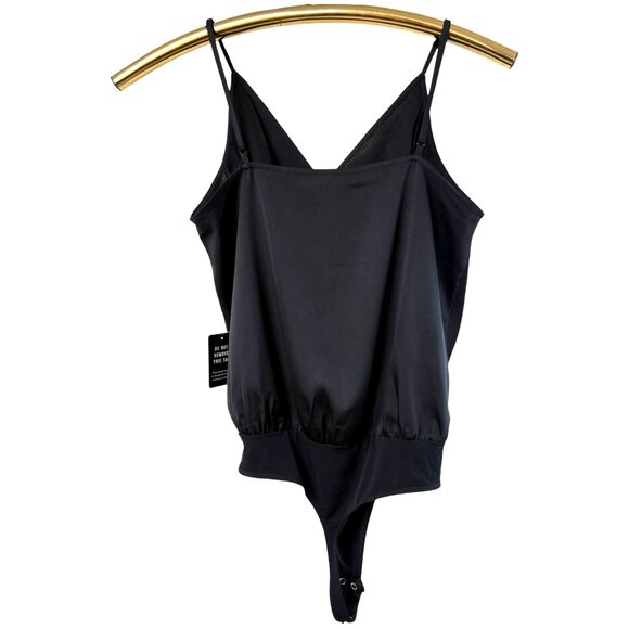 Express Black Satin Pleated Faux Wrap Cami Bodysuit - Picture 6 of 8